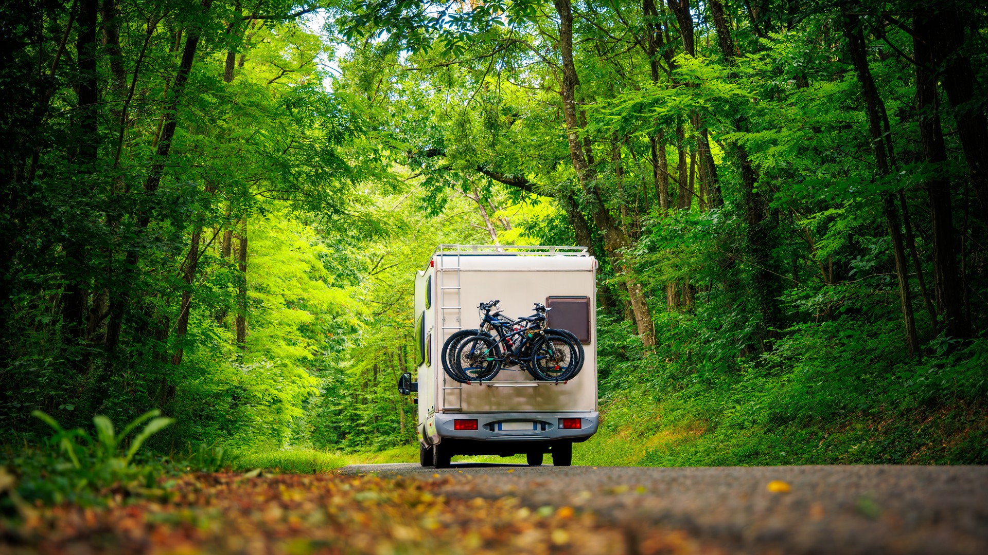 Motor home in the forest- travel, adventure, road trip concept